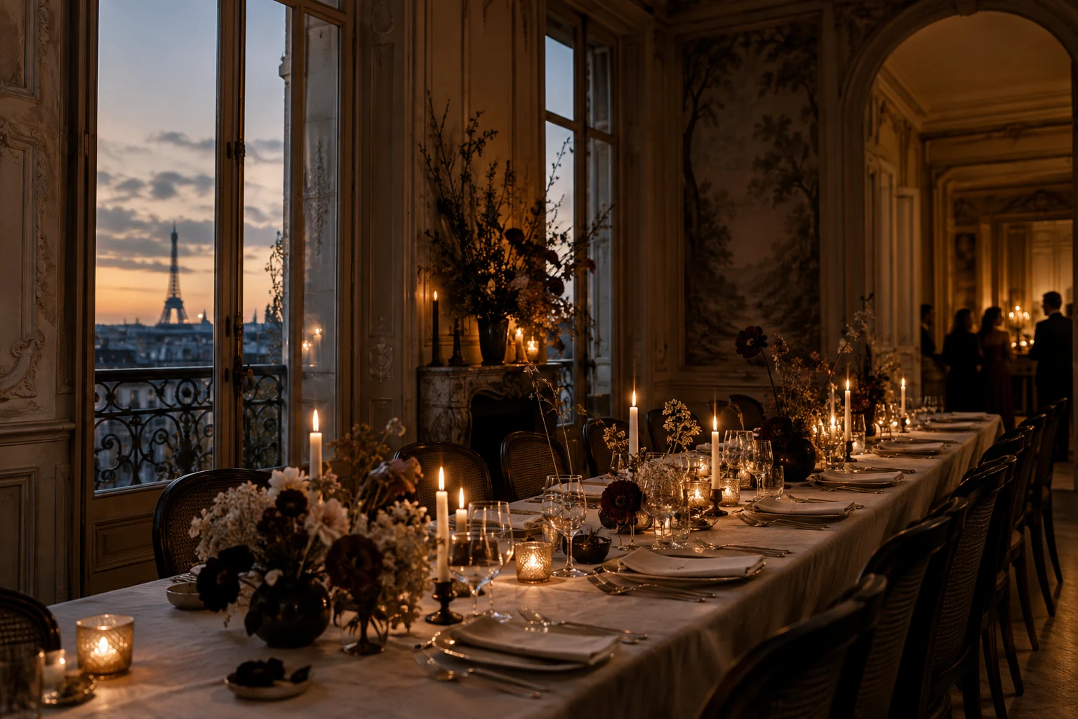 Atmosphere study of a candlelit dinner in a Parisian salon